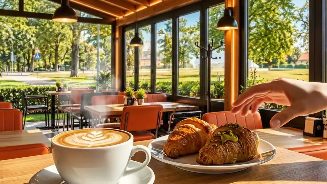 Cappuccino con latte art e croissant su un tavolo vicino alla vetrata
