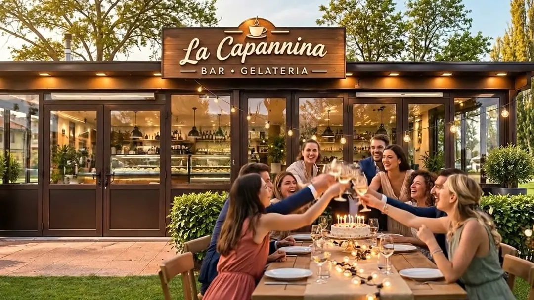 Una festa all'aperto davanti al chiosco, con torta e candeline