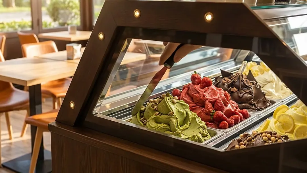 La vetrina del gelato con gusti alla frutta e alle creme